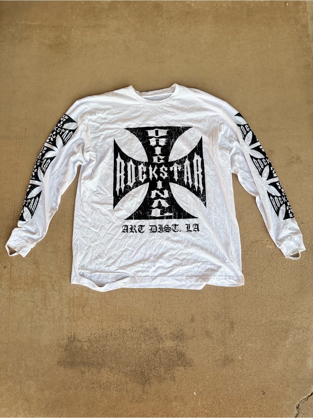 Rockstar Original Distressed Iron Cross Long Sleeve Shirt White – Size XL